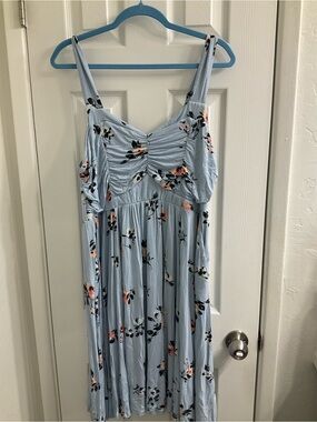 torrid Light Blue Floral Midi Dress with Ruched Bodice